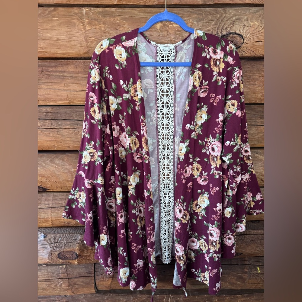 Siren Lily Burgundy Floral Open Cardigan with Lace Trim